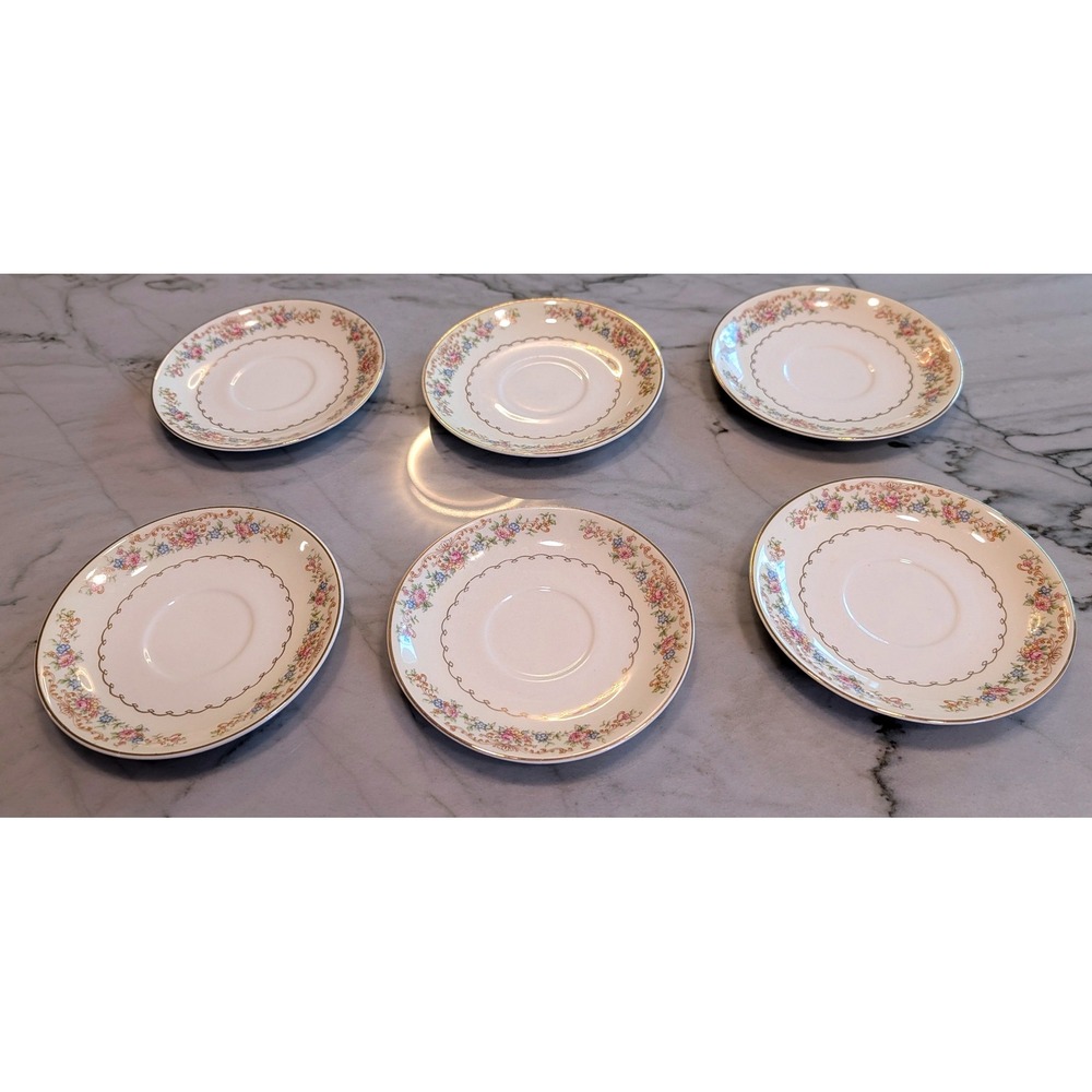 Vintage Paden City Pottery Floral Saucers Set of 6 H-50 Made in USA Gold Trim